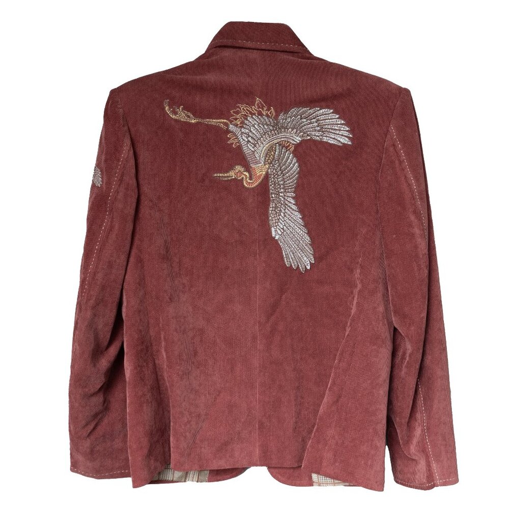 Embroidered Blazer Y2k Corduroy Jacket Asian Crane Egret Dusty Pink Coat
